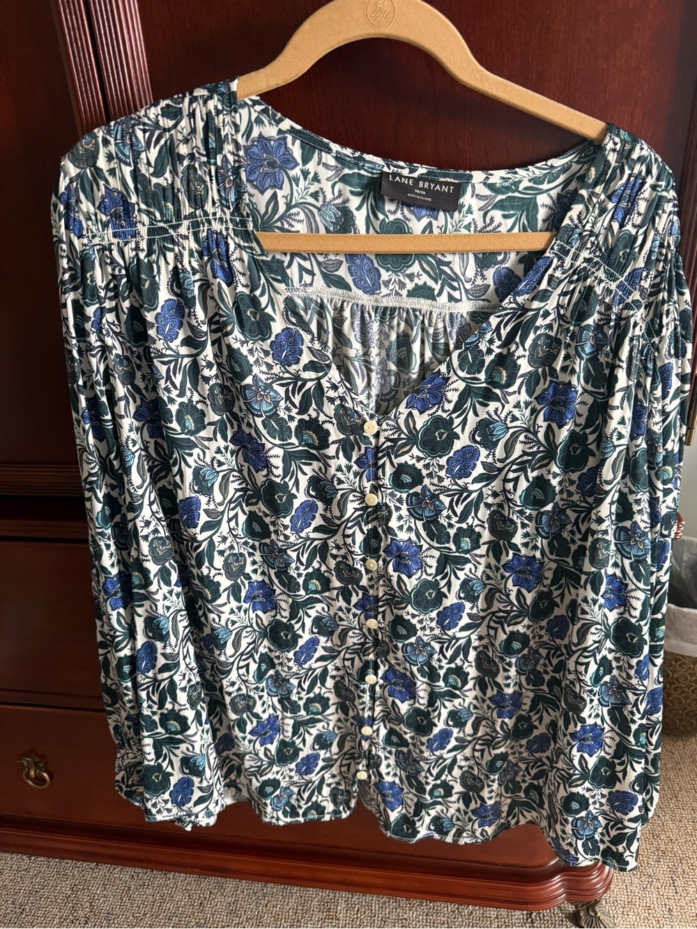 Lane Bryant Blue & Green Floral Button-Front Blouse